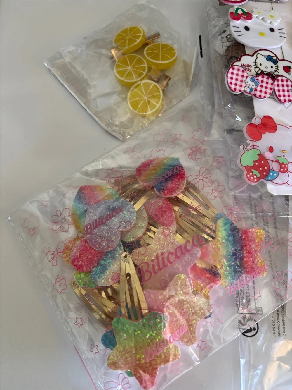 Large Lot of Cute Novelty Hair Clips Hello Kitty Fruit Hearts Ice Cream